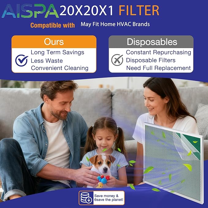 2 Pack ac filter 20x20x1, MERV 11, Washable and Reusable air filter 20x20x1, Sturdy Aluminum Alloy Frame & Nylon Mesh