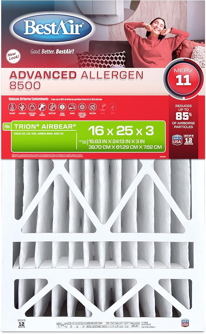 BestAir AB3-1625-11R AC Furnace Air Filter, 16" x 25" x 3", MERV 11, Fits 100%, For Trion Air Bear, Supreme, Skuttle, GeneralAire, Source1 & Ultravation Models, Pack of 3