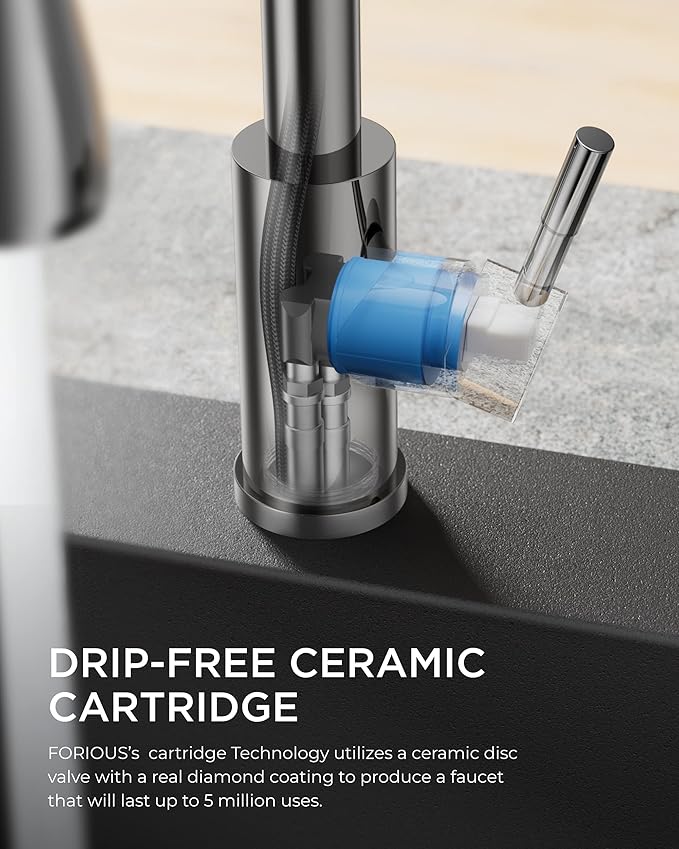 FORIOUS Kitchen Faucet with Pull Down Sprayer, Chrome, Bar High Arc Single Handle Traditional 3 Modes Stainless Steel Faucet for Kitchen Sink Farmhouse RV Laundry Camper