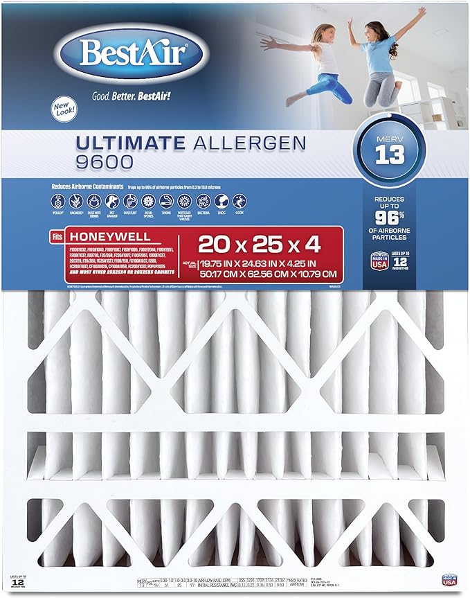 BestAir HW2025-13R AC Furnace Air Filter, 20" x 25" x 4", MERV 13, Removes Allergens & Contaminants, Fits 100%, For Honeywell Models, Pack of 3