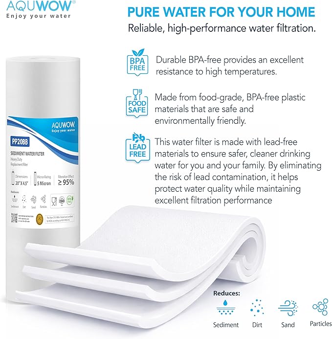 PP20BB 5 Micron 4.5" x 20" Filter Set – Sediment Replacement Cartridges for Whole House Water Filtration Systems, Universal Standard PP Filters (4, 20 x 4.5)