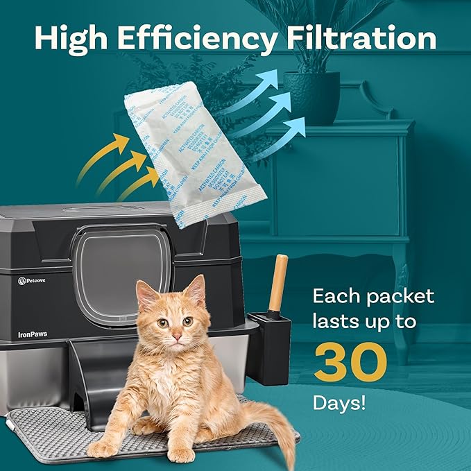 PetCove Activated Charcoal Odor Absorber – PurrTek Light & IronPaws Cat Litter Box Replacement Filters – Universal Fit for Hooded & Self-Cleaning Systems, Ammonia Locking Pods – 10 Pack