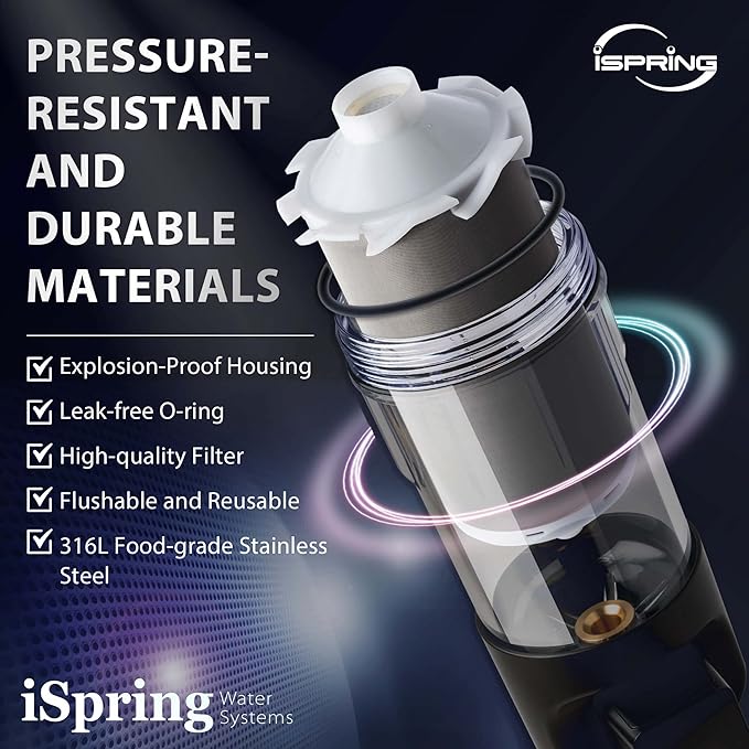 iSpring WSP50ARJ-BP Whole House Water Filter System Prefilter, Auto Flushing Spin Down Sediment Filter for Well Water, Integrated Bypass, 4-Mode Touch-Screen, Reusable, Jumbo Size, 50 Micron