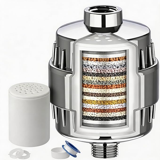 25 Stage Shower Filter-Shower Head Filter for Hard Water, with Replaceable Cartridges, High Output Shower Water Filter – Remove Chlorine, Heavy Metals, Iron & Sediments, Polished Chrome