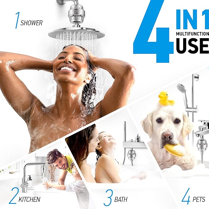 AquaHomeGroup 20 Stage Shower Filter with Vitamin C E and A - Reduces Chlorine, Heavy Metals and Sediment - 5 Cartridges Included - High Pressure - Universal Fit