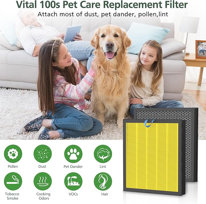Vital 100S Replacement Filter for LEVOIT Vital 100S-P Air Purifier for Pet Care, High-Efficiency Activated Carbon for Smoke, Odor, Pollen, Vital 100S-RF-PA, LRF-V102-YUS, Yellow