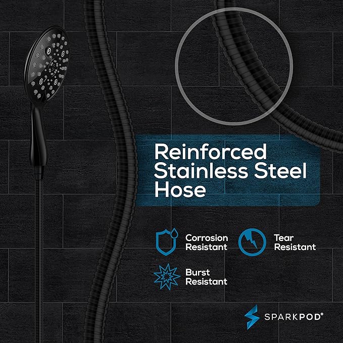 SparkPod 6 Spray Setting High Pressure Hand Held Shower Head - 6" Wide Angle Handheld Shower Head Set with Brass Swivel Ball Bracket and 70 Inch Long Hose - Luxury Design (Midnight Black Matte)