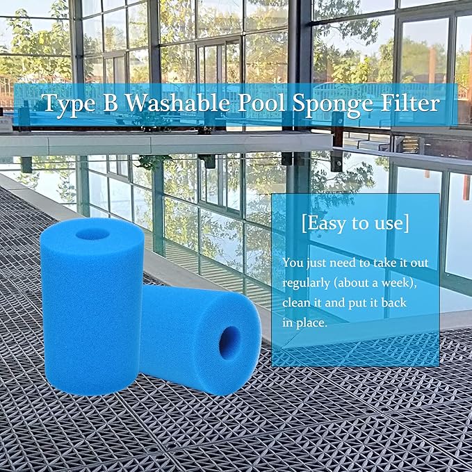 Type B Washable Pool Sponge Filter, Reusable Swimming Cartridge Foam Filter for Compatible with in-tex Type B (2 Pcs)