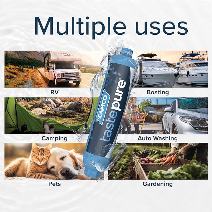 Camco TastePURE 20-Micron Wide-Body Inline Design Water Filter with GAC and KDF Filtration for RVs, Boats, Travel Trailers, and Campers (4-Pack)
