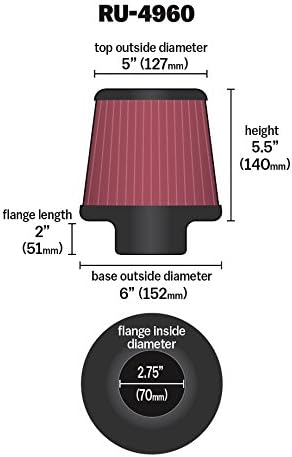 K&N High-Flow Original Lifetime Universal Clamp-On Air Filter: High Performance, Premium, Washable: Flange Diameter: 2.75 In, Filter Height: 5.5 In, Flange Length: 2 In, Shape: Round Tapered, RU-4960