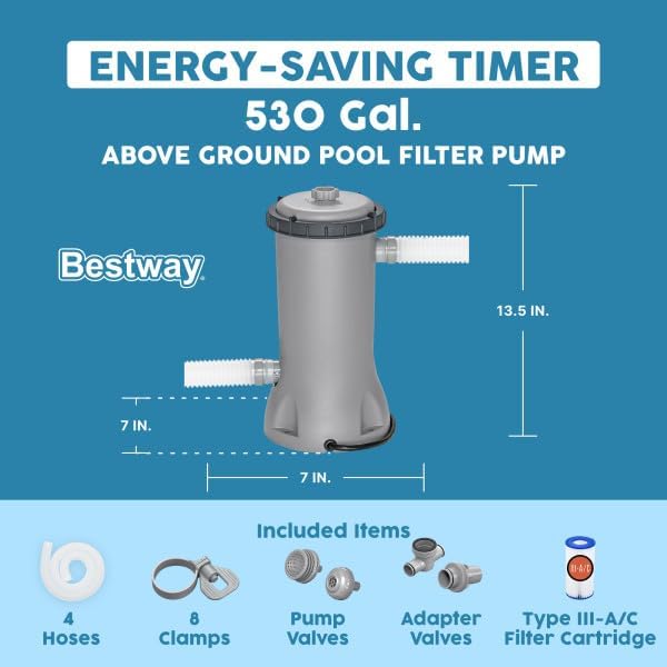 Bestway 530 GPH Filter Pump for Above Ground Swimming Pool with Type III-A/C Cartridge