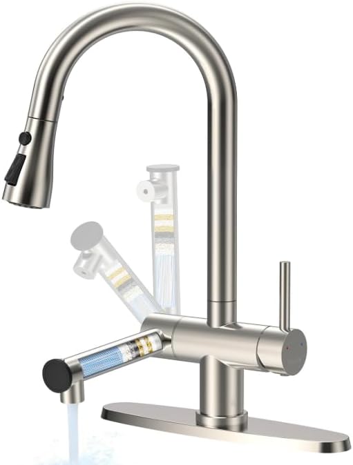FEELSO Filter Kitchen Faucet, Stainless Steel Pull Down Sprayer, Reduces Lead Chlorine, High Arc 1 or 3 Hole Farmhouse Sink Faucet