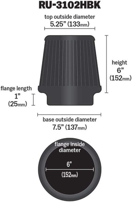 K&N Dryflow Lifetime Universal Clamp-On Air Filter: Dry Synthetic, Washable, Oil-Free: Flange Diameter: 6 In, Filter Height: 6 In, Flange Length: 1 In, Shape: Round Tapered, RU-3102HBK