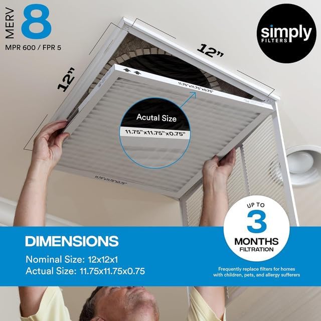 Simply 12x12x1 Air Filter, Merv 8, MPR 600, 12 Pack, Furnace Air Filter for HVAC (Actual Size: 11.75"x11.75"x0.75") DUST, Pet, & Allergy Control
