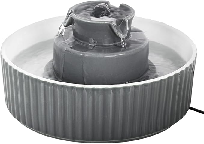Ceramic Cat Water Fountain, 2.1L/71oz Cupcake Pet Water Fountain for Cats and Dogs, Automatic Pet Drinking Fountain,Double Filtration System, Easy to Clean, 360°Drinking Water (Grey Fountain)