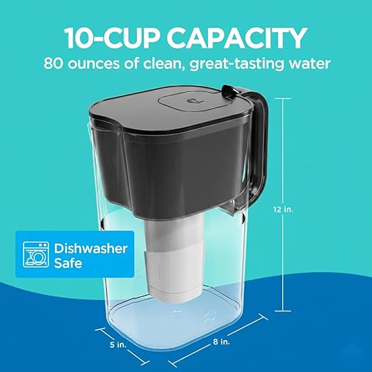 HOMEWATER 10-Cup Pitcher Filter (Black) – BPA-Free, High-Capacity 2.4L Pitcher with Fast-Flow Carbon Filter, Wide Mouth for Easy Pouring, Removable Filter Replacement, Locking Lid, and Dishwasher-Safe