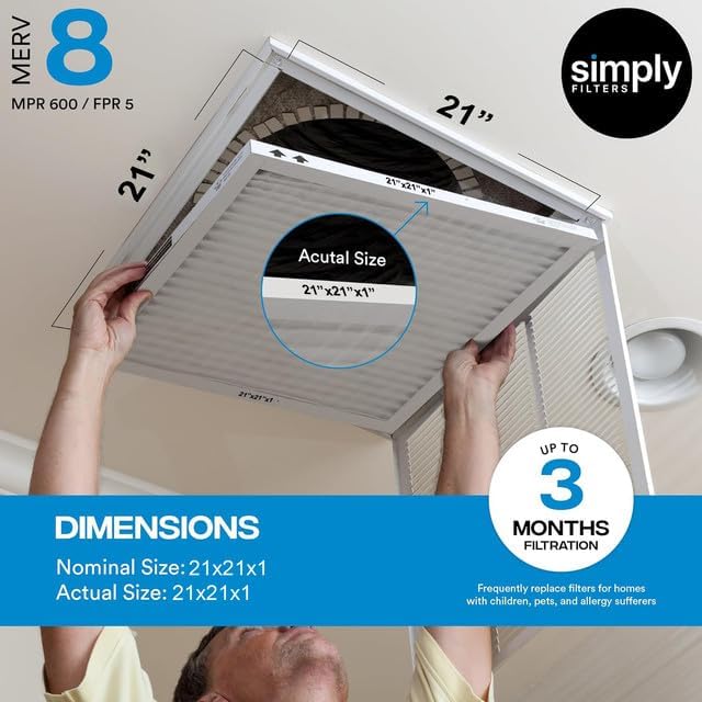 Simply 21x21x1 Air Filter, Merv 8, 6 Pack, For Home AC Furnace & HVAC (Actual Size: 20.75"x20.75"x0.75") DUST, Pet, & Allergy Control