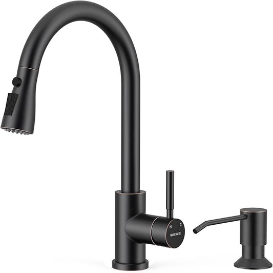 WEWE Kitchen Faucet with Pull Down Sprayer and Soap Dispenser, Oil Rubbed Bronze High Arc Single Handle Stainless Steel Sink Faucet, Suitable for Farmhouse, RV & Laundry