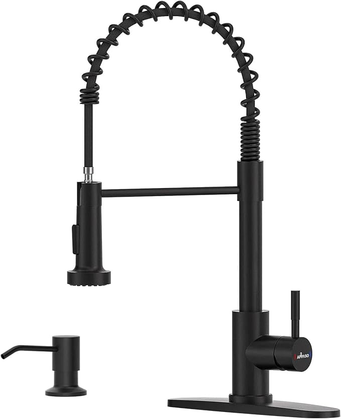 APPASO Black Kitchen Faucet with Soap Dispenser and Pull Down Sprayer, Lead-Free SUS304 Stainless Steel Commercial Single-Handle Spring Faucet for Kitchen Sink, Matte Black (CUPC-Certified Parts)