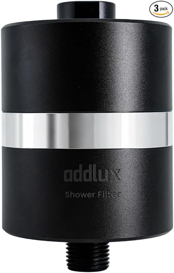 NSF/ANSI 177 Tested Titanium Shower Water Filter for Hard Water - No Plastic Core High Pressure Filtered Shower Head – Metal Home Water Filter for Healthier Skin & Hair (Black + Standard Set)