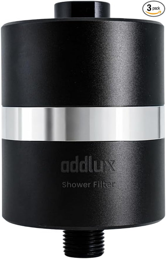 NSF/ANSI 177 Tested Titanium Shower Water Filter for Hard Water - No Plastic Core High Pressure Filtered Shower Head – Metal Home Water Filter for Healthier Skin & Hair (Black + Standard Set)