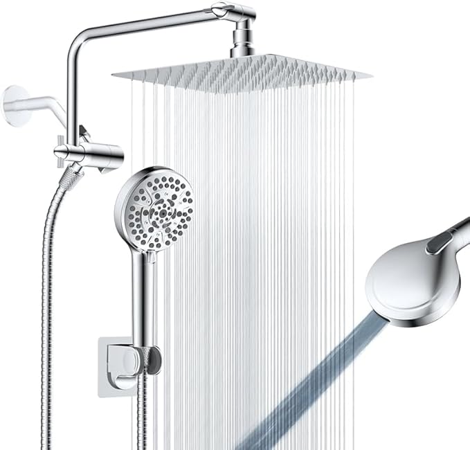 All Metal Shower Head, 8" High Pressure Rainfall/Handheld Shower Combo with 11" Extension Arm, 10-Spray Handheld Showerhead, 71" Long Hose, 3-Way Diverter Valve, Chrome