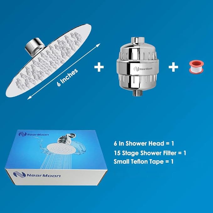 NearMoon Shower Head and 15 Stage Shower Filter Combo, High Pressure Filtered Shower for Hard Water, Improves the Condition of Your Skin, Hair (6 Inch, Chrome)