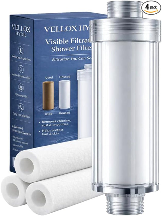 Vellox Hydr Shower Filter with Visible Effectiveness to Remove Chlorine, Rust and Impurities, Protect Hair and Skin, Leak Proof Design, 0.5 Micron Filtration, 3 Replacement Filters