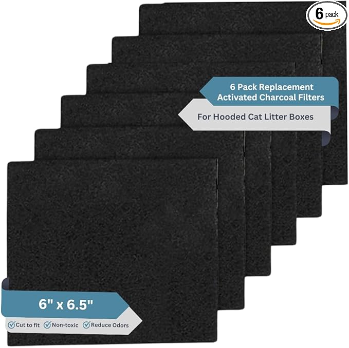 Fresh Headquarters 6-Pack Activated Carbon Cat Litter Box Filters Replacement - Trimmable 6" x 6.5" Organic Activated Charcoal Filter - Ideal Hooded Litter Box Deodorizer, Superior Odor Absorbing