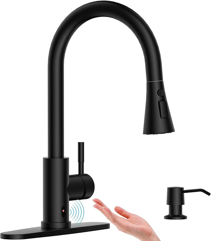 APPASO Touchless Kitchen Faucet, CUPC-Certified Hoses, Matte Black Hands Free Sink Faucet with Soap Dispenser and Pull Down Sprayer 3 Modes, Activated Motion Sensor Faucets S304 Stainless Steel