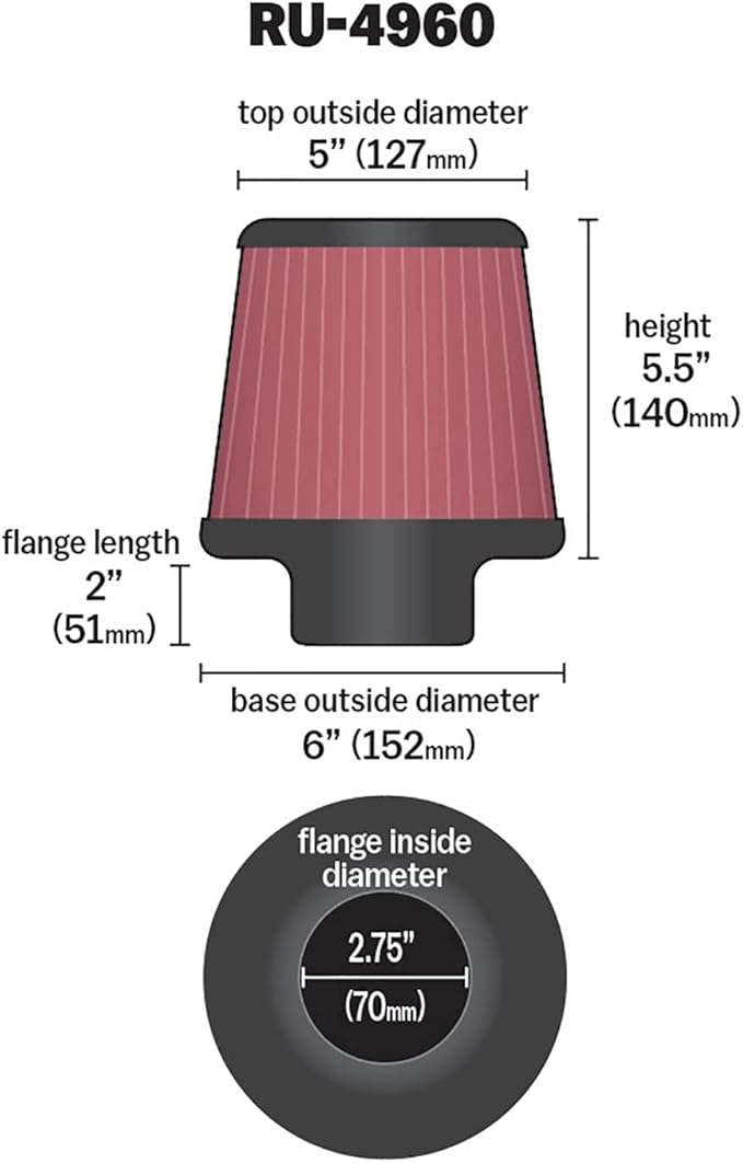 K&N High-Flow Original Lifetime Universal Clamp-On Air Filter: High Performance, Premium, Washable: Flange Diameter: 2.75 In, Filter Height: 5.5 In, Flange Length: 2 In, Shape: Round Tapered, RU-4960