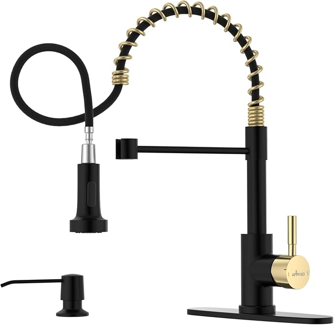 APPASO Black and Gold Kitchen Faucet with Soap Dispenser, Pull Down Kitchen Faucet Commercial Single Handle High Arc Tap, cUPC-Certified Pull-Out Hose, Water Supplies and Valve Core