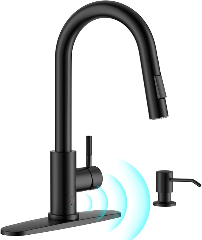 APPASO Black Kitchen Faucet Touchless, CUPC-Certified Hoses, Lead-Free Smart Motion Sensor Sink Faucets with Soap Dispenser and Pull Down Sprayer 2 Modes, High Arc S304 Stainless Steel