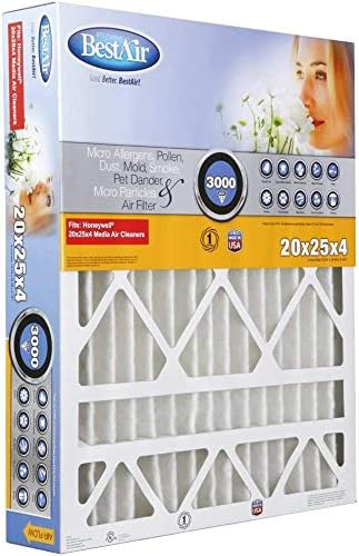 BestAir HW2025-13R AC Furnace Air Filter, 20" x 25" x 4", MERV 13, Removes Allergens & Contaminants, Fits 100%, For Honeywell Models, Pack of 3