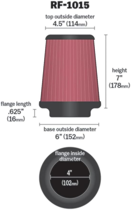 K&N High-Flow Original Lifetime Universal Clamp-On Air Filter: High Performance, Premium, Washable: Flange Diameter: 4 In, Filter Height: 7 In, Flange Length: 0.625 In, Shape: Round Tapered, RF-1015