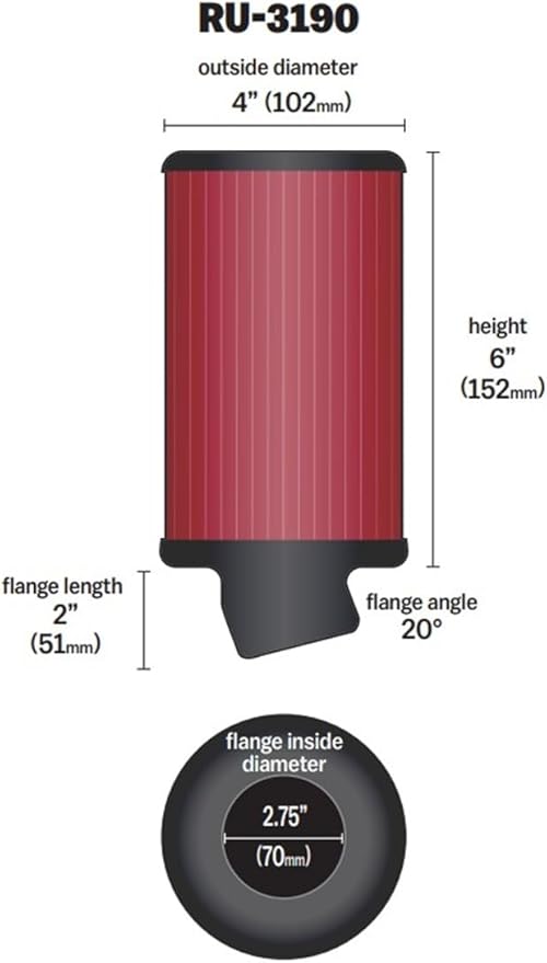 K&N High-Flow Original Lifetime Universal Clamp-On Air Filter: High Performance, Premium, Washable: Flange Diameter: 2.75 In, Filter Height: 6 In, Flange Length: 2 In, Shape: Round, RU-3190