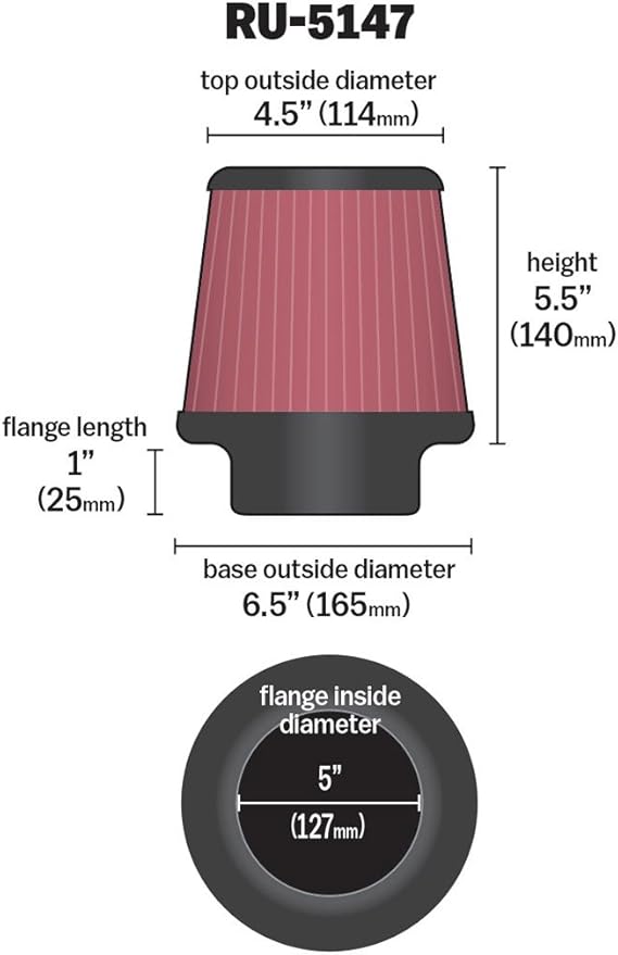 K&N High-Flow Original Lifetime Universal Clamp-On Air Filter: High Performance, Premium, Washable: Flange Diameter: 5 In, Filter Height: 5.5 In, Flange Length: 1 In, Shape: Round Tapered, RU-5147