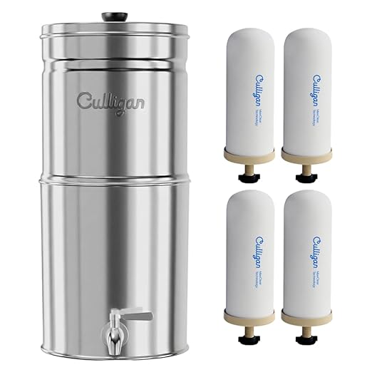 Culligan MaxClear 2.25 Gallon Gravity Water Filter System Removes Microplastics, PFAS & Lead, NSF/ANSI Certified, Polished Stainless-Steel Countertop Filter with 4 Ceramic Filters