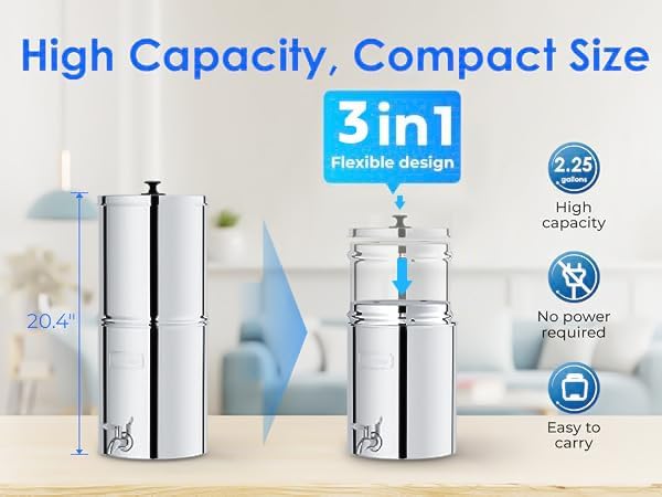 Waterdrop TK-A Gravity Water Filter System, NSF/ANSI 42&372 Standard, Reduces Lead and up to 98% of Chlorine, with 2 Black Carbon Filters and Metal Spigot for Home, Travel, 2.25G