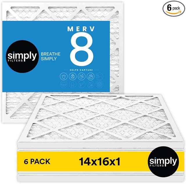 Simply 14x16x1 Air Filter, Merv 8, 6 Pack, For Home AC Furnace & HVAC (Actual Size: 13.75"x15.75"x0.75") DUST, Pet, & Allergy Control