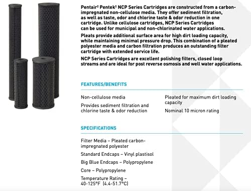 Pentair Pentek NCP-BB Big Blue Carbon Water Filter, 10-Inch, Whole House Pleated Carbon-Impregnated Polyester Cartridge, 10" x 4.5", 10 Micron, Sediment and Chlorine Reduction