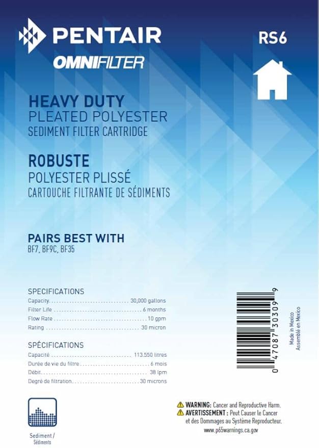 Pentair OMNIFilter RS6 Sediment Water Filter, 10" Whole House Heavy Duty Big Blue Pleated Replacement Cartridge, 10" x 4.5" (Pack of 2)
