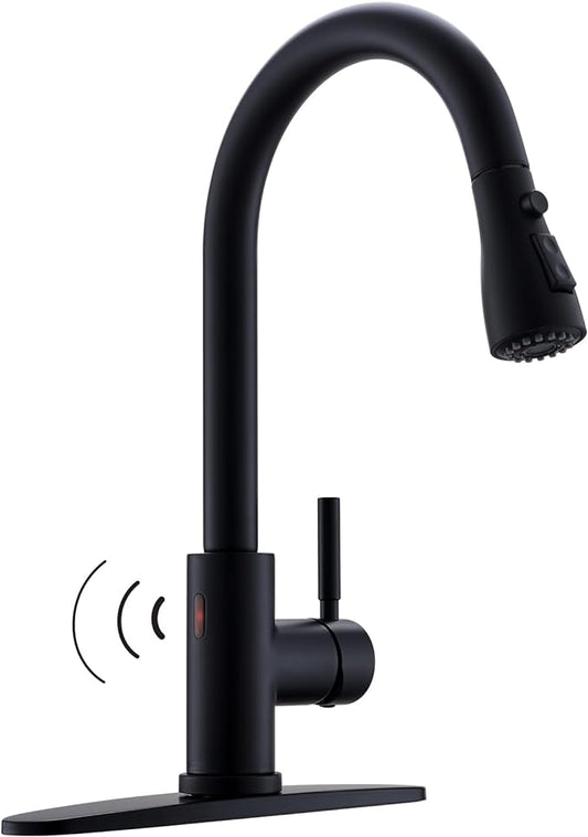 WEWE Black Kitchen Faucet, Touchless Kitchen Faucet with Pull Down Sprayer - Matte Black Single Handle Kitchen Faucets Hands-Free Activated Stainless Steel Kitchen Sink Faucet