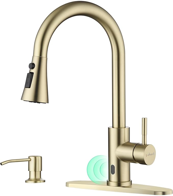 APPASO Gold Kitchen Faucet Touchless, CUPC-Certified Hoses, Lead-Free Motion Sensor Sink Faucets with Soap Dispenser and Pull Down Sprayer, Hands Free Faucets for 1 to 4 Holes Sink with Deck Plate