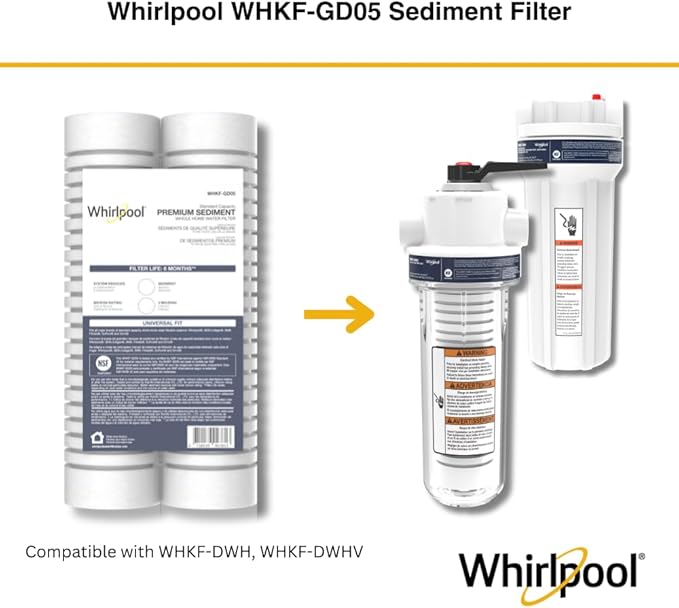 Whirlpool 10" x 2.5" Whole Home Standard Capacity Sediment Filters WHKF-GD05, 5 Micron, 6-Month Filter Life, Reduces Sediment, Sand, Soil, Silt & Rust, for standard filter housings, 2-Pack
