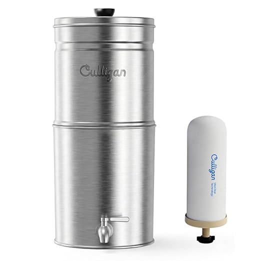 Culligan MaxClear 3 Gallon Gravity Water Filter System Removes Microplastics, PFAS & Lead, NSF/ANSI Certified, Brushed Stainless-Steel Countertop Filter with 1 Ceramic Filter