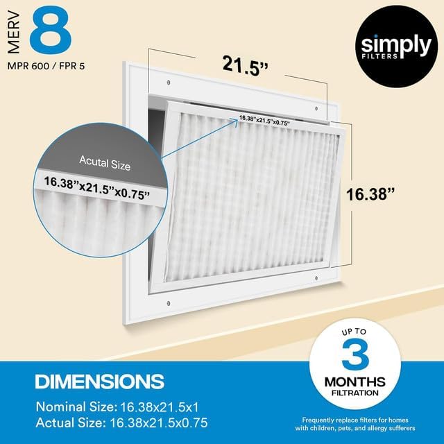 Simply 16.38x21.5x1 Air Filter, Merv 8, 6 Pack, For Home AC Furnace & HVAC (Actual Size: 16.13x21.5x"x0.75") DUST, Pet, & Allergy Control