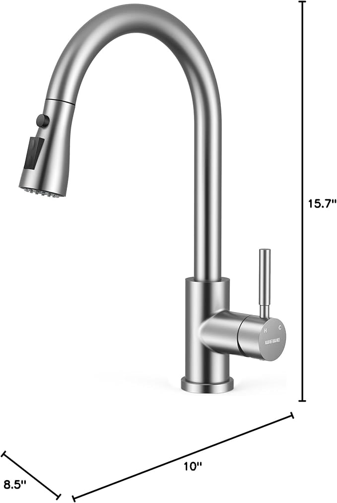 WEWE Kitchen Faucets with Pull Down Sprayer, Leak-Proof Stainless Steel Lead-Free Single Handle 1 Hole for Family Kitchen Commercial Camper Laundry Rv Bar, Brushed Nickel Bar Sink Faucet