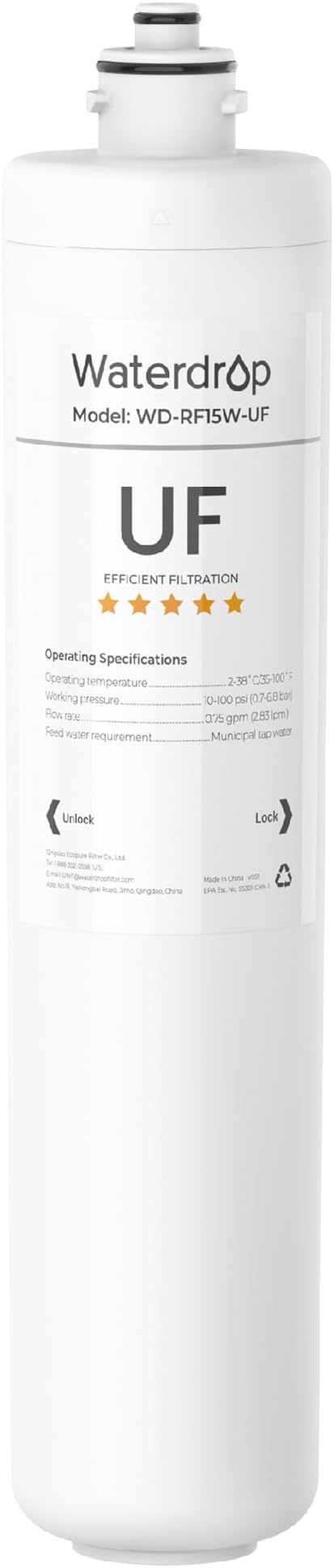 Waterdrop RF15W-UF 0.01 μm Water Filter Replacement for Waterdrop 15UAW-UF/15UBW-UF Under Sink Water Filter, Reduces Lead, Chlorine, Bad Taste & Odor, 2 Years