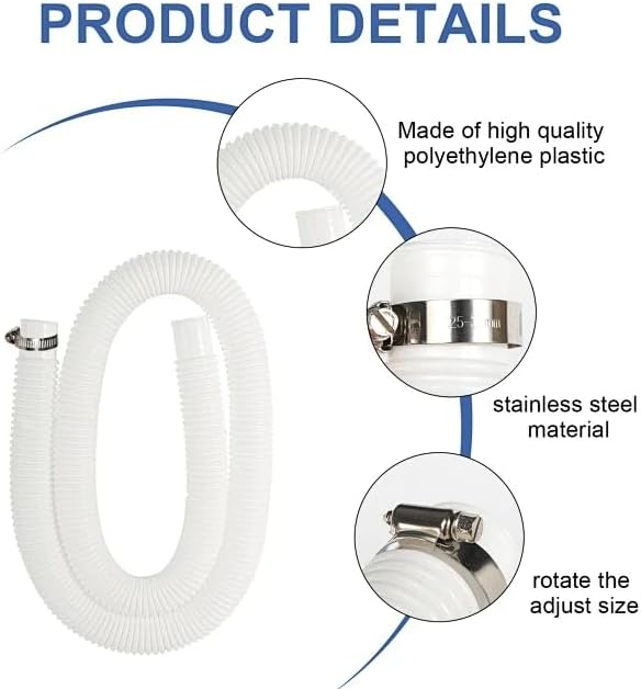Pool Filter Pump Hose for Intex Pool Accessories - 1.25"Diameter Replacement Pool Hoses for Above Ground Pools Parts Compatible with Coleman ＆ Bestway,59"Long With 8 Clamps (2, White)